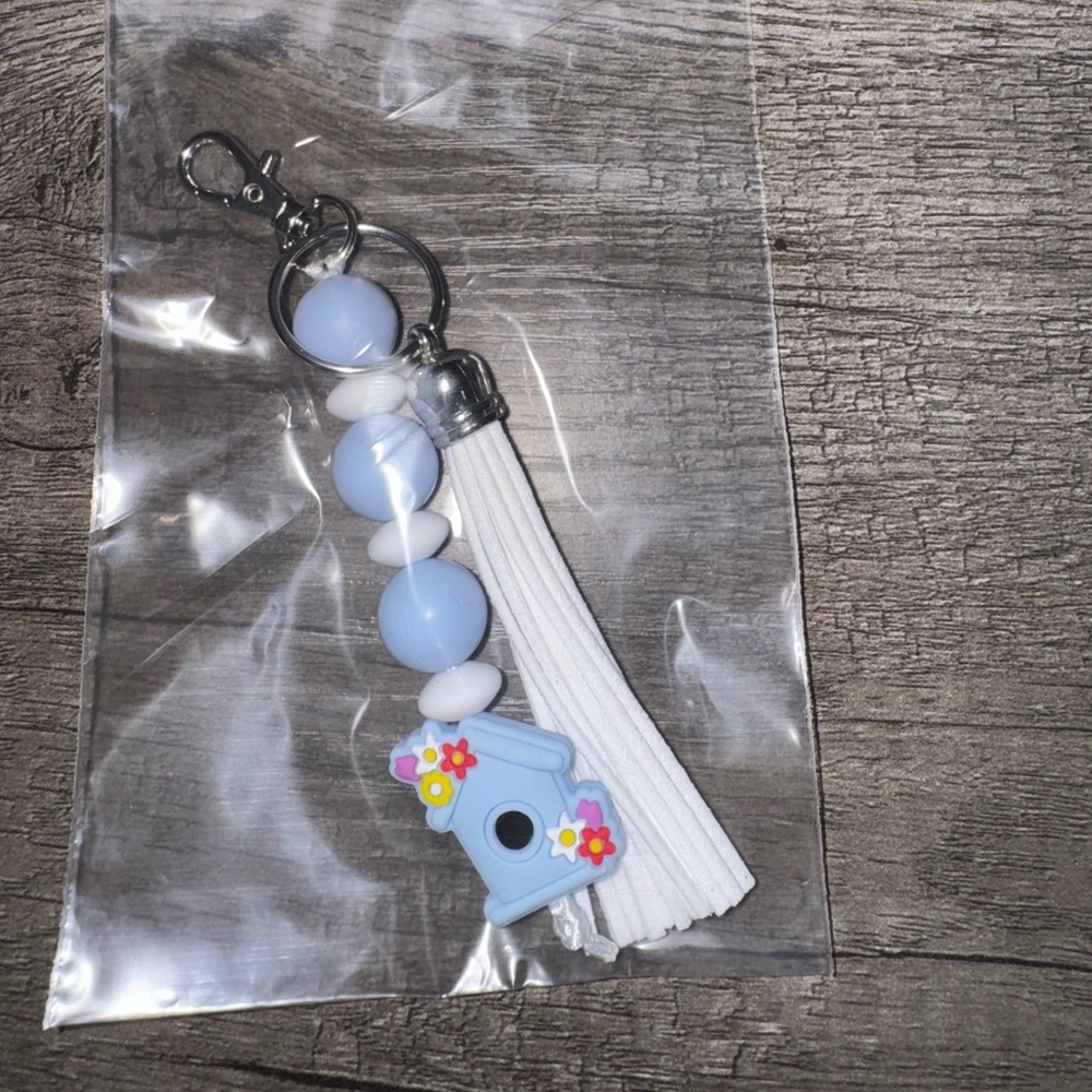 Blue and White Beaded Keychain with Tassel